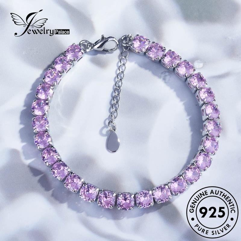 Jewelrypalace Kristal Persegi Silver Pink Wanita Gelang Berlian Asli925 B532