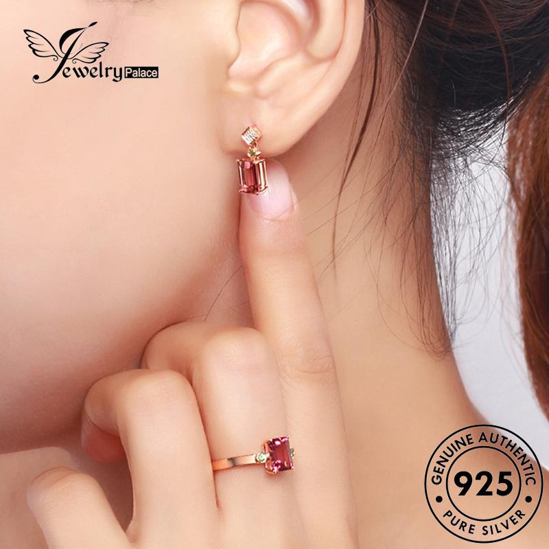 Jewelrypalace Anting Perak Pink Wanita Berlian Asli Tusuk925 Persegi Panjang Kristal E402