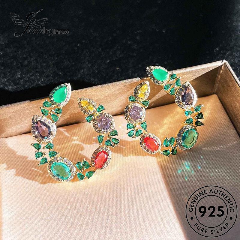 Perhiasanpalace Perak Wanita Emas925 Bulat Anting Asli Emerald Stud E822