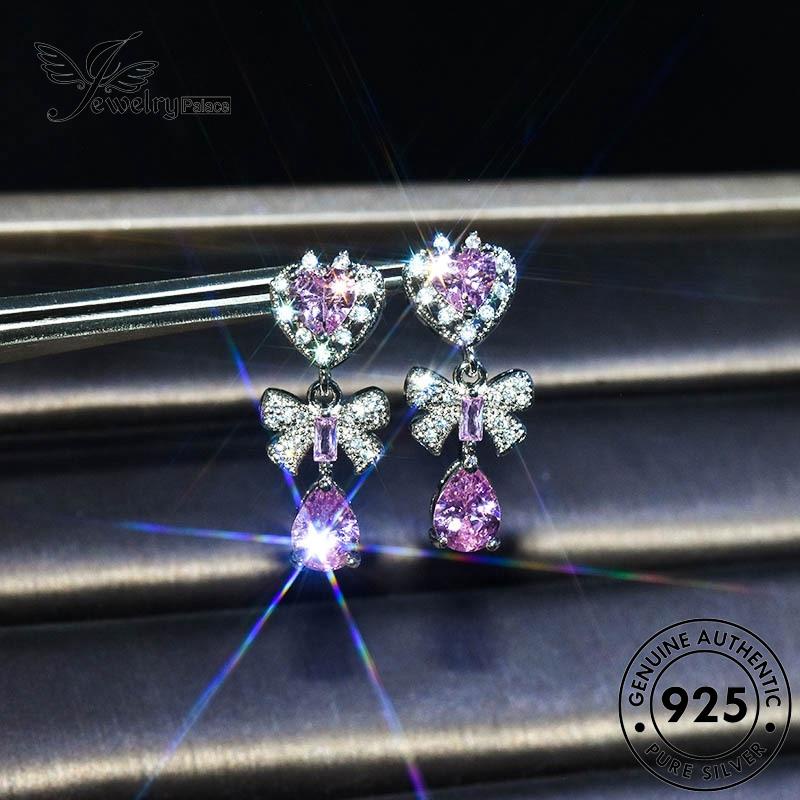 Jewelrypalace Perak Asli Wanita Kristal Berlian Busur Pink Anting Tusuk Dasi925 E924