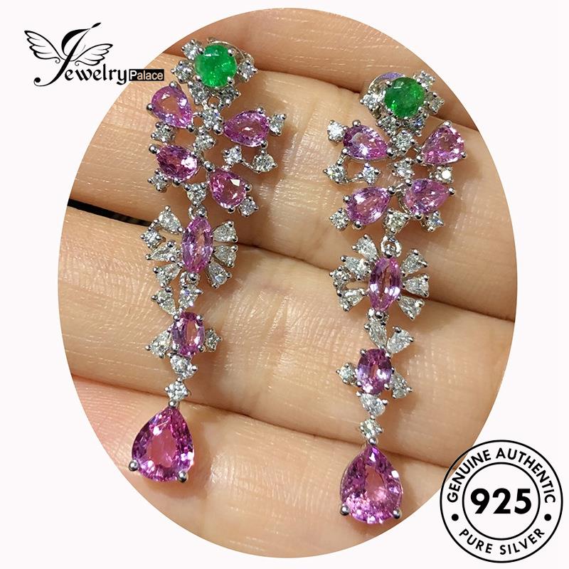 Jewelrypalace Stud Wanita Anting Perak Panjang Bunga Korundum925 Asli Emerald E1052