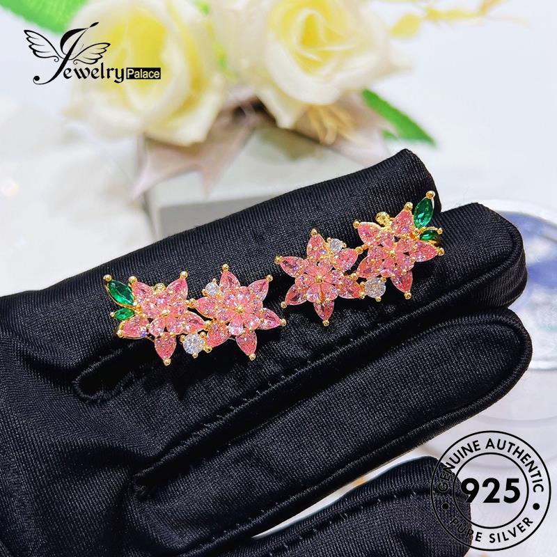 Jewelrypalace Bunga Perak Hoop Kristal Cherry Anting Wanita925 Berlian Pink Asli E1171