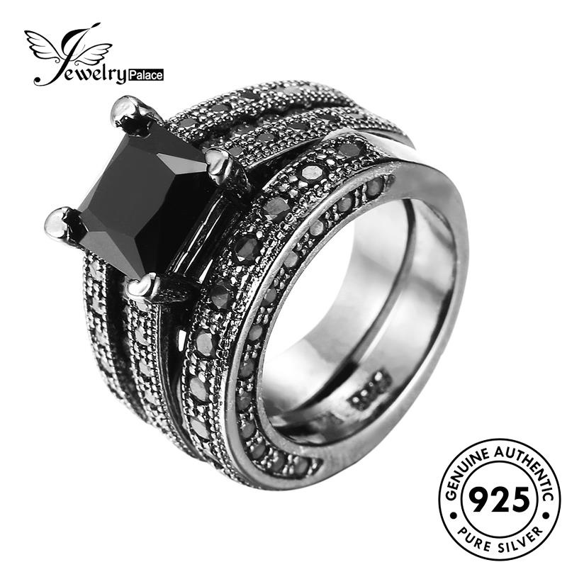 JEWELRYPALACE Pasangan Asli Aksesori Square Silver Obsidian Sterling korea Perhiasan Murni Diamond Perak Original Couple 925 Personality Kawin Nikah Silver Black Cincin R725