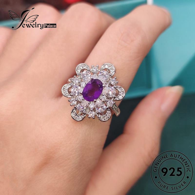 JEWELRYPALACE Flowers Amethyst 925 Murni Temperament Silver Kawin Wanita Nikah Sterling Perak Cincin Perhiasan Original Asli Aksesori korea Silver R2234