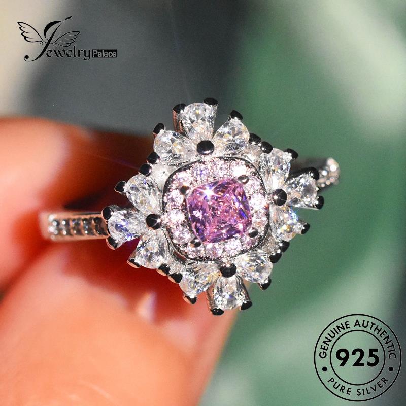 JEWELRYPALACE Original korea Luxury Kawin Shape Murni Silver Perak Asli Nikah Pink 925 Cincin Aksesori Crystal Silver Wanita Diamond Perhiasan Sterling Flower R2470