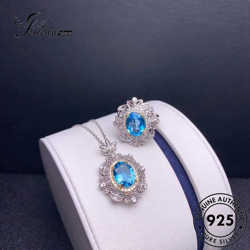 Jewelrypalace Kalung Aquamarine Set Mewah Emas Asli Wanita Perak925 S41