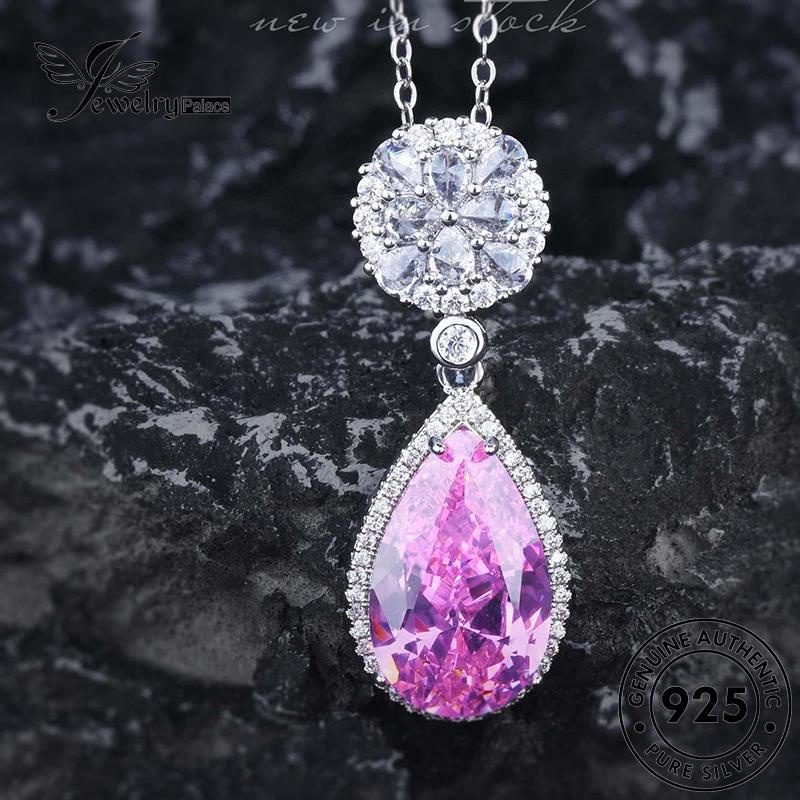 Jewelrypalace Kalung Air Droplet925 Set Pink Asli Perak Wanita Berlian Temperamen Kristal S213