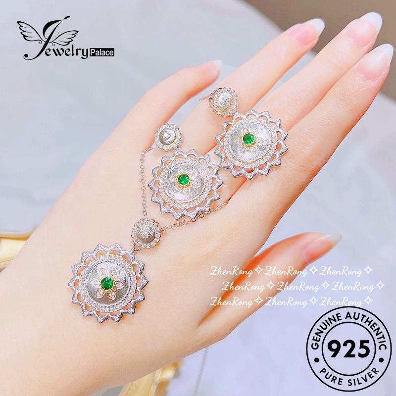 Jewelrypalace Set Emerald Perak Wanita Kalung Bunga Asli925 Retro S257