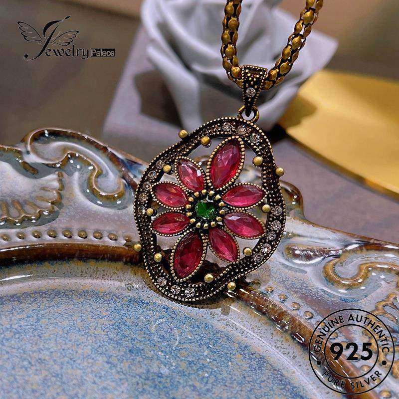 Perhiasantempat Set Wanita925 Bunga Kalung Retro Ruby Perak Asli S305