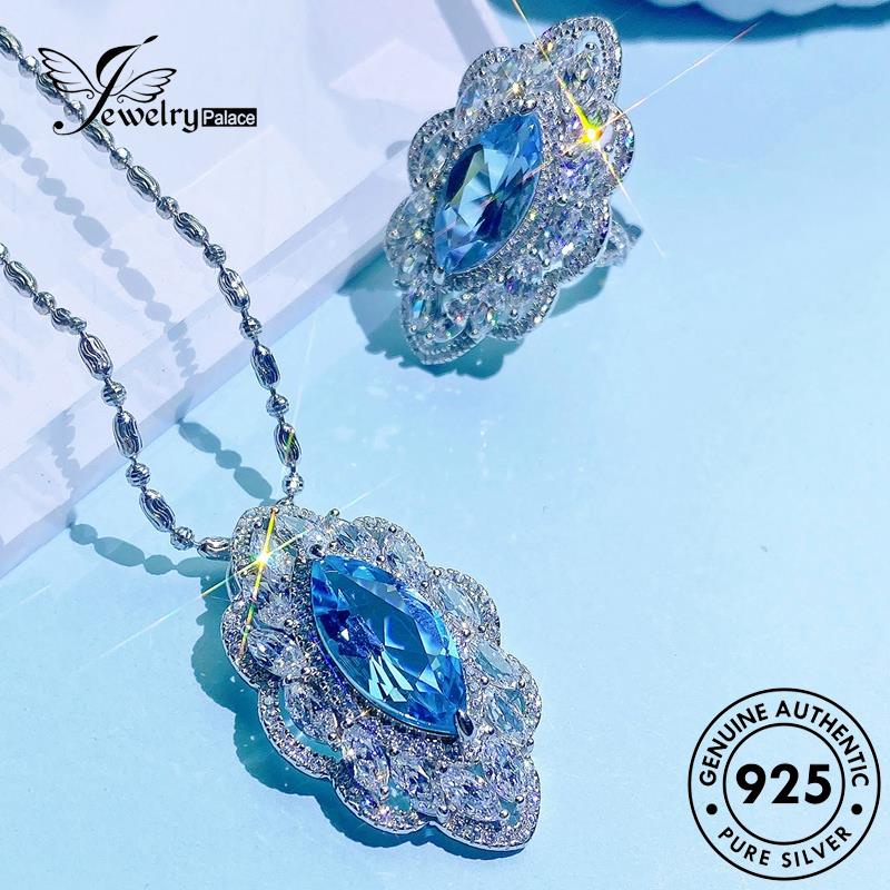 Perhiasanpalace Perak Asli Aquamarine Kalung Kuda Mata Set Wanita925 S396