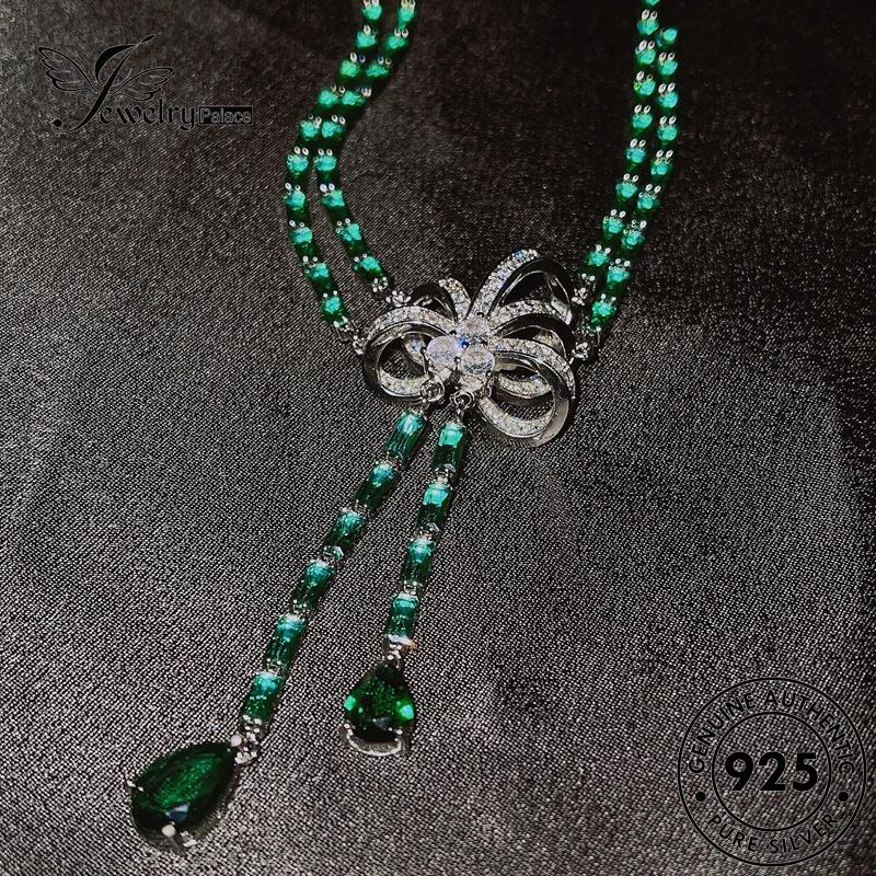 Perhiasanpalace Set Dasi Perak Wanita925 Emerald Original Kalung Busur S459