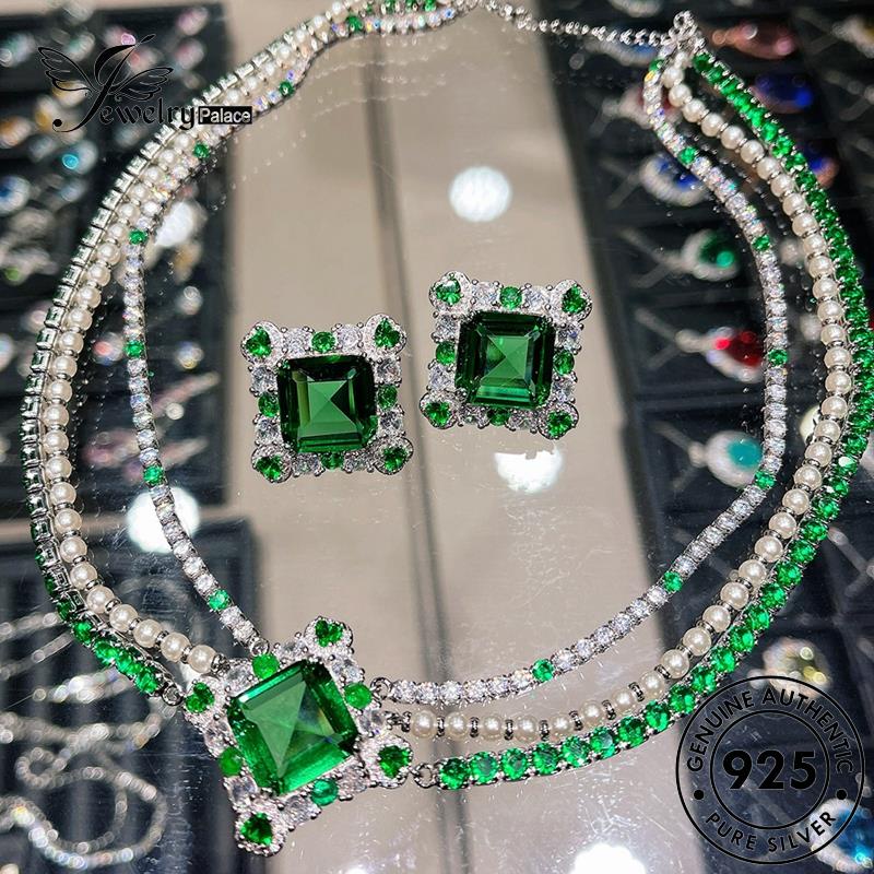 Jewelrypalace Asli925 Tiga Perak Retro Emerald Set Kalung Wanita Lapis S540