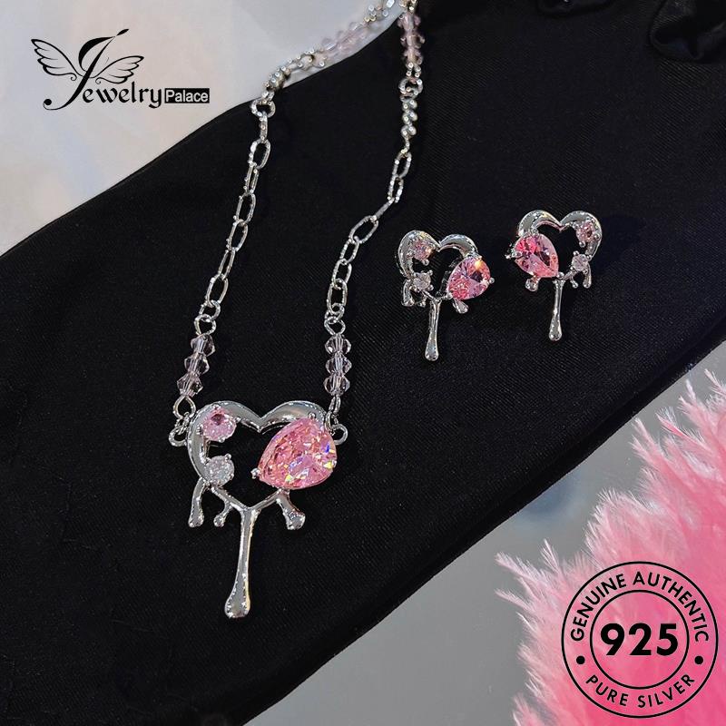 Jewelrypalace925 Set Wanita Pink Kalung Perak Love Asli Kristal Berlian S521