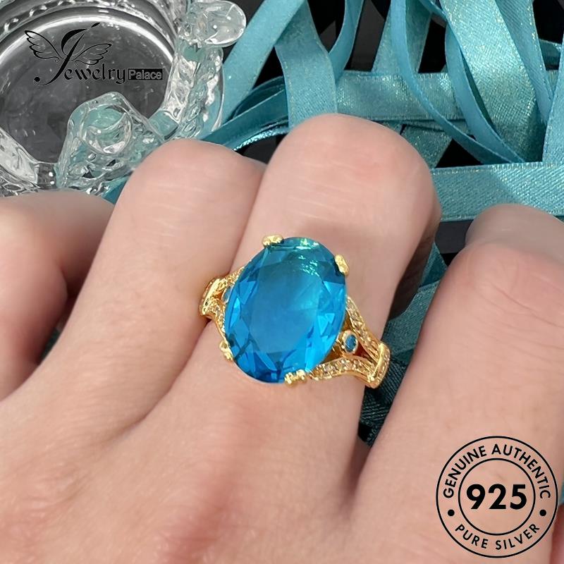 Perhiasantempat Cincin Mewah Perak925 Aquamarine Oval Wanita Emas Asli R650