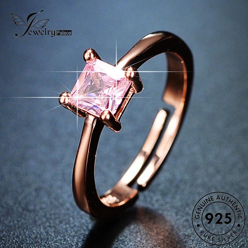 Jewelrypalace Berlian925 Gold Pink Wanita Cincin Perak Asli Persegi Simple Kristal R447