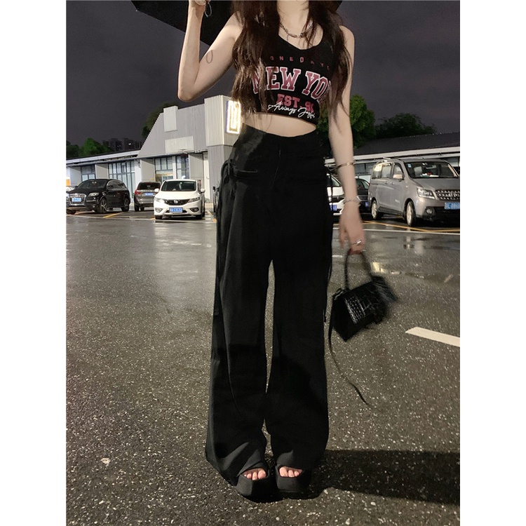 Red Gaya Amerika Overall Menggantungkan Celana Kasual Putih Wanita Musim Panas Pinggang Tinggi Longgar Slim Mengepel Celana Lebar Kaki Celana Celana