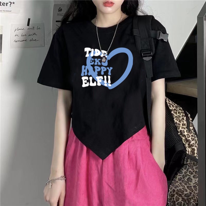 Red 100% katun ins baru musim panas T-shirt pendek siswa perempuan lengan pendek ramping pusar terkena all-match hot girl top female tide