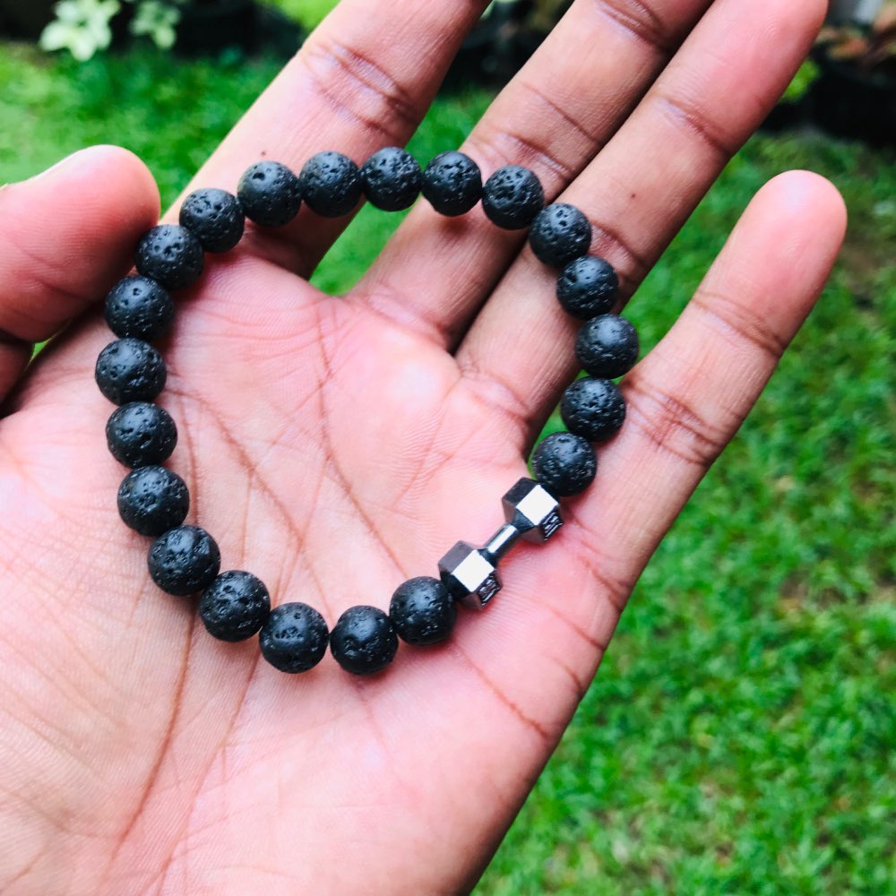 Natural black Volcanic Lava Stone Dumbbell Bracelet black Matte Beads Bracelets Untuk Wanita Pria Fitness Barbel Perhiasan