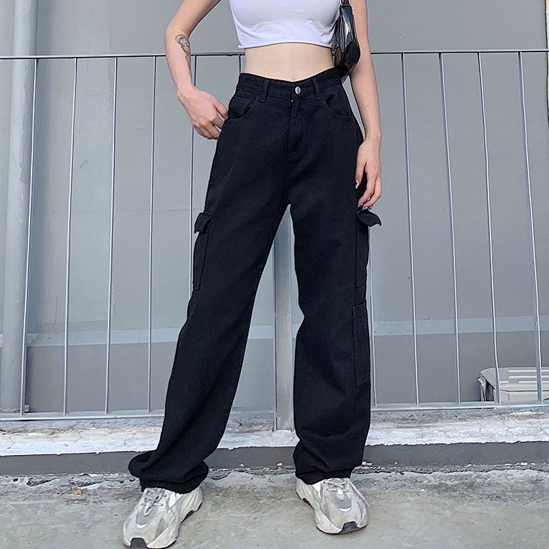 Red IAMHOTTY American-style high street style cool cover girl street shooting tooling jeans pocket loose slim high waist trousers