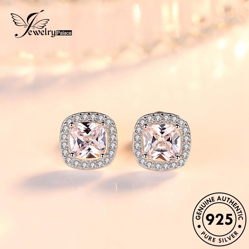 Jewelrypalace Wanita Anting Perak925 Kristal Stud Berlian Persegi Kepribadian Asli Pink E99