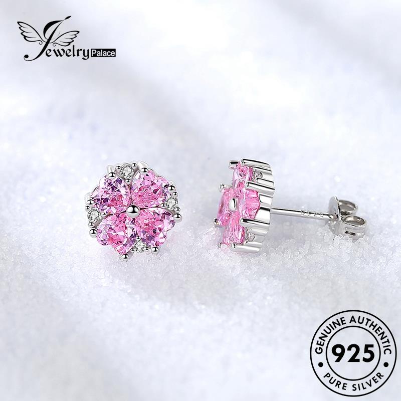 Jewelrypalace Shaped Earrings Berlian925 Wanita Bunga Pink Stud Hati Kristal Perak Asli E213