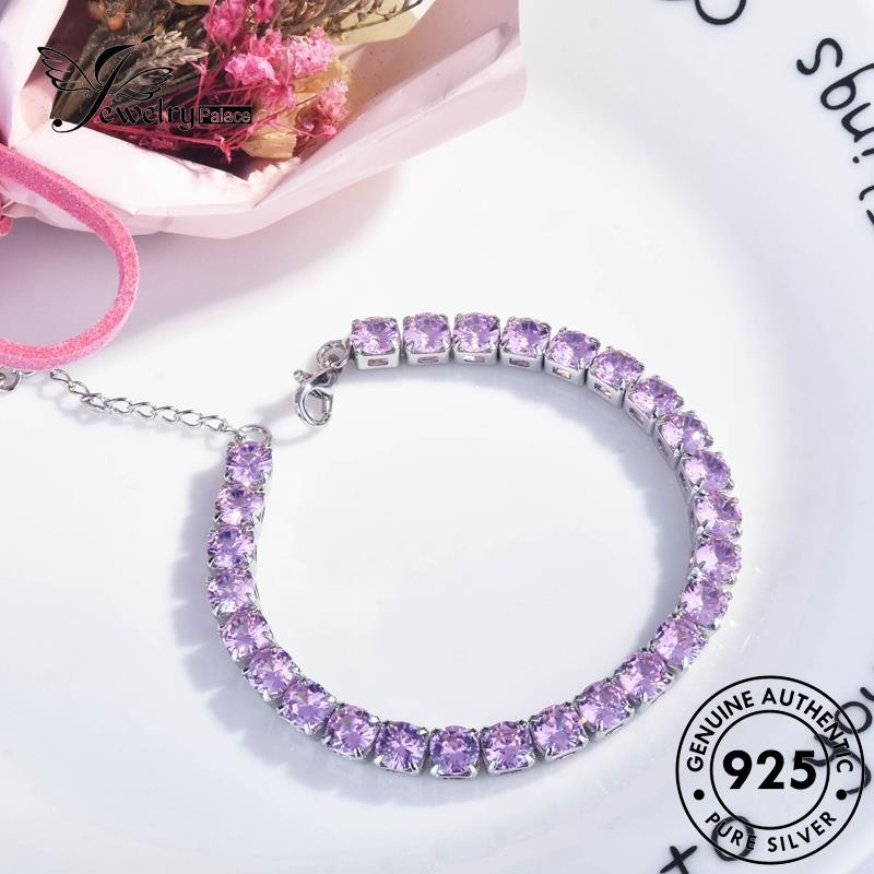 Jewelrypalace Kristal Persegi Silver Pink Wanita Gelang Berlian Asli925 B532