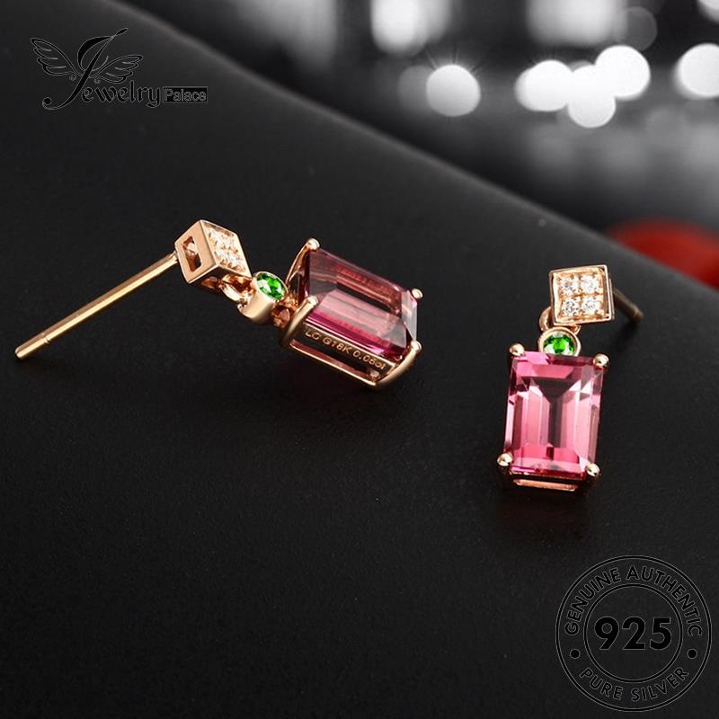 Jewelrypalace Anting Perak Pink Wanita Berlian Asli Tusuk925 Persegi Panjang Kristal E402