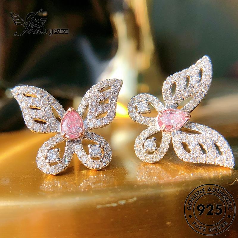 Jewelrypalace Anting Tusuk Kupu Pink Kristal Asli Wanita925 Perak Berlian E887