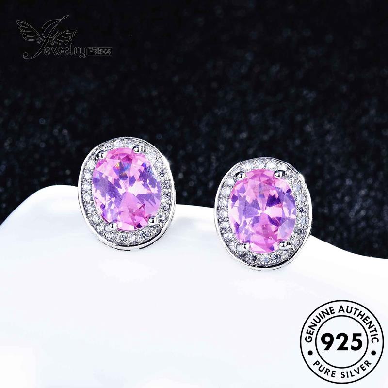 Jewelrypalace Anting Pink Asli Wanita Oval Tusuk Berlian925 Perak Kristal E1077