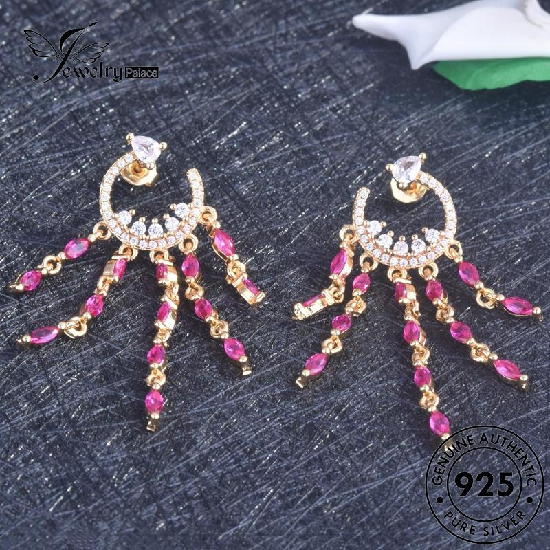 Perhiasantempat Wanita Anting Tusuk Emas Asli Perak925 Rumbai Ruby E1055