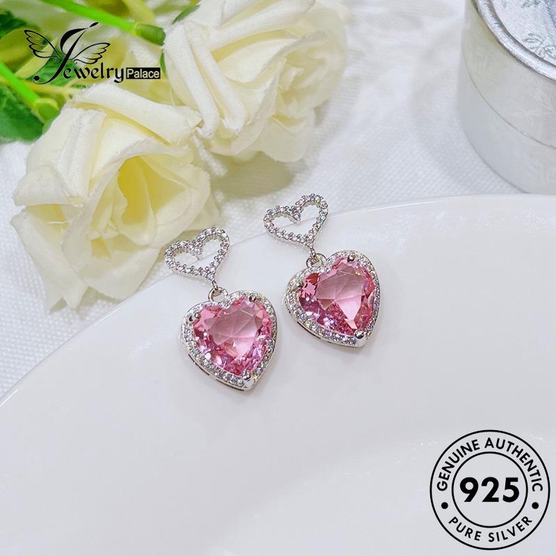 Jewelrypalace925 Pink Wanita Asli Berlian Kristal Love Anting Tusuk Perak E1163