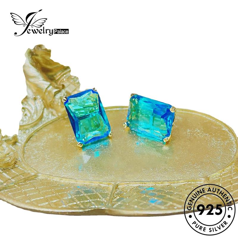 Jewelrypalace Anting Tusuk Perak925 Asli Persegi Wanita Aquamarine E1300