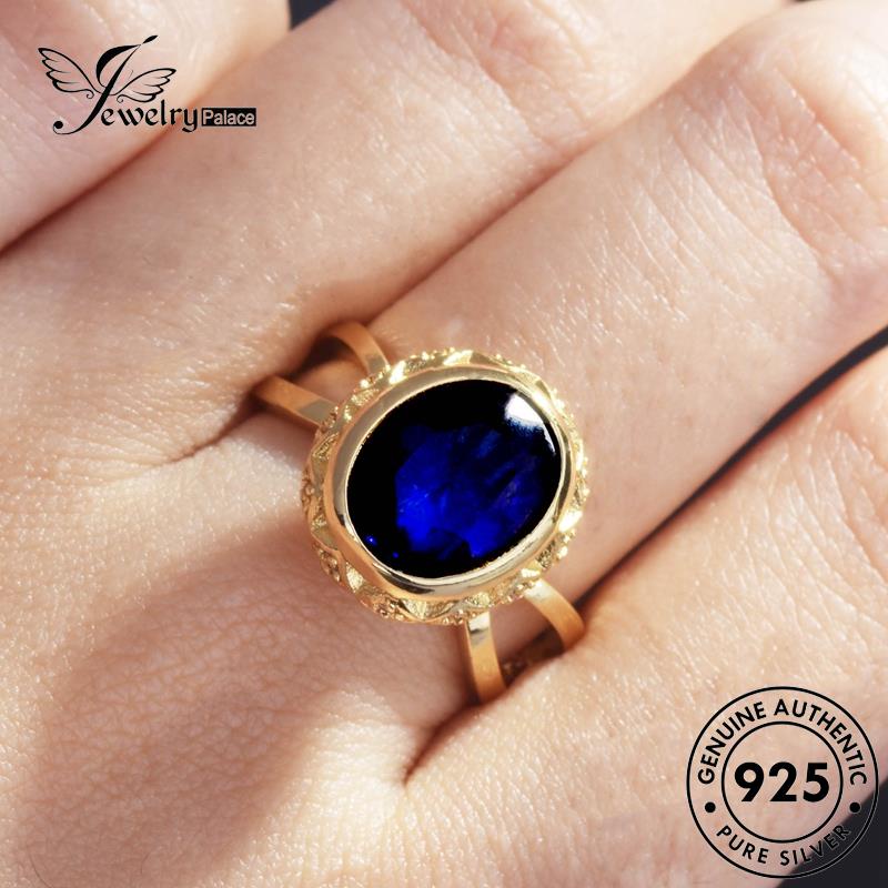 JEWELRYPALACE korea Nikah Wanita Murni Perak Silver Aksesori Vintage Perhiasan Original Oval Kawin 925 Asli Silver Sterling Sapphire Cincin R2219