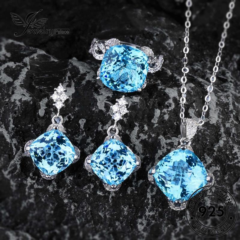 Jewelrypalace Square Set Perak Asli Aquamarine Wanita Kalung925 S204