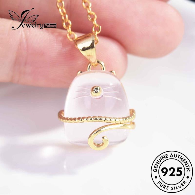 Jewelrypalace Kalung Perak Berlian Beruntung Asli Pink Cat 925set Kristal Wanita S386
