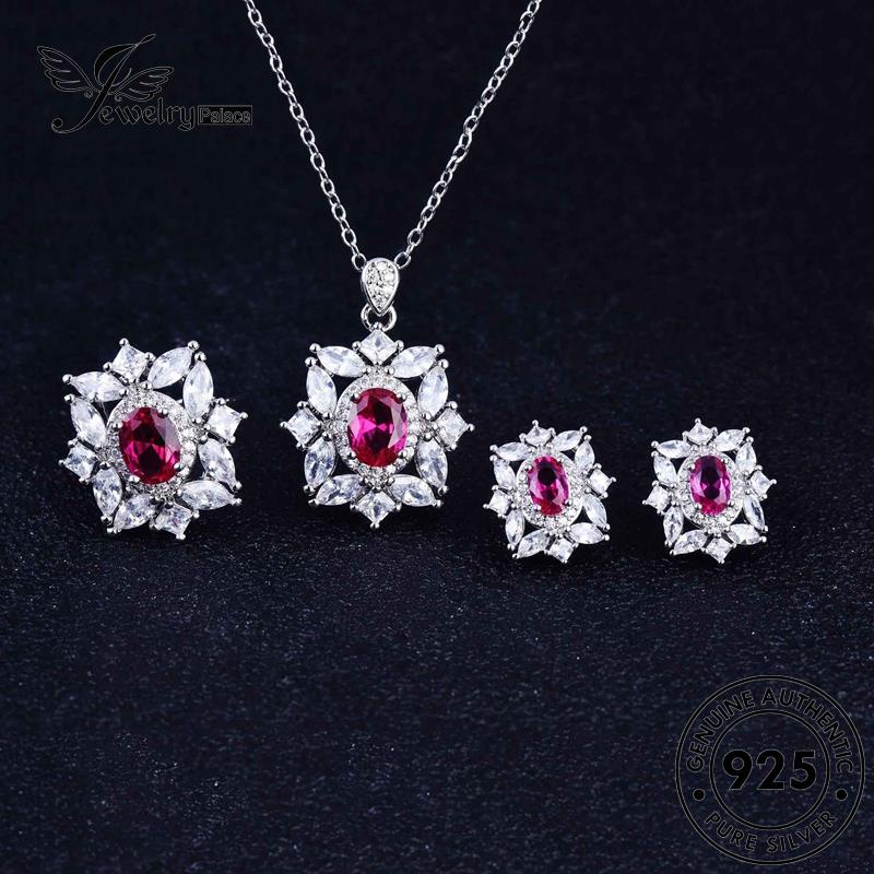 Jewelrypalace925asli Wanita Kalung Perak Ujung Berlian Tinggi Pink Set Kristal S387