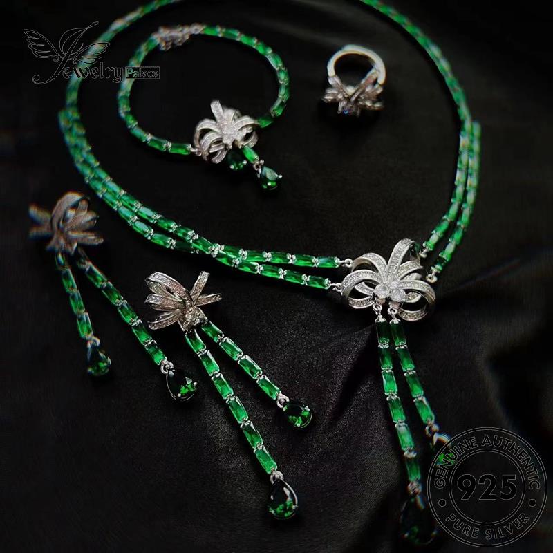 Perhiasanpalace Set Dasi Perak Wanita925 Emerald Original Kalung Busur S459