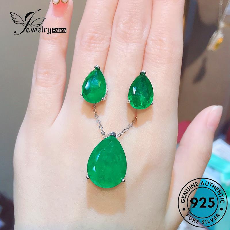 Jewelrypalace Kalung925 Wanita Bentuk Pir Set Emerald Perak Asli S592