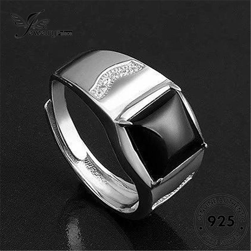 Perhiasantempat Berlian Pria Asli Mendominasi Cincin Hitam925 Perak Obsidian Kotak R33