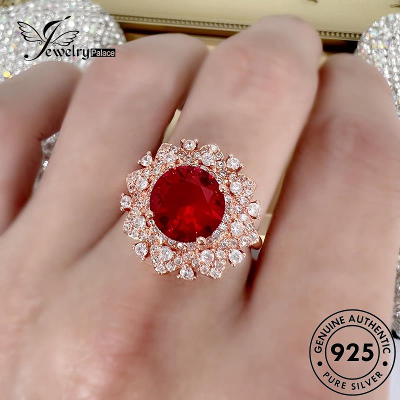 Tempat Perhiasan Wanita Emas925 Bunga Perak Halus Ruby Cincin Asli R1737