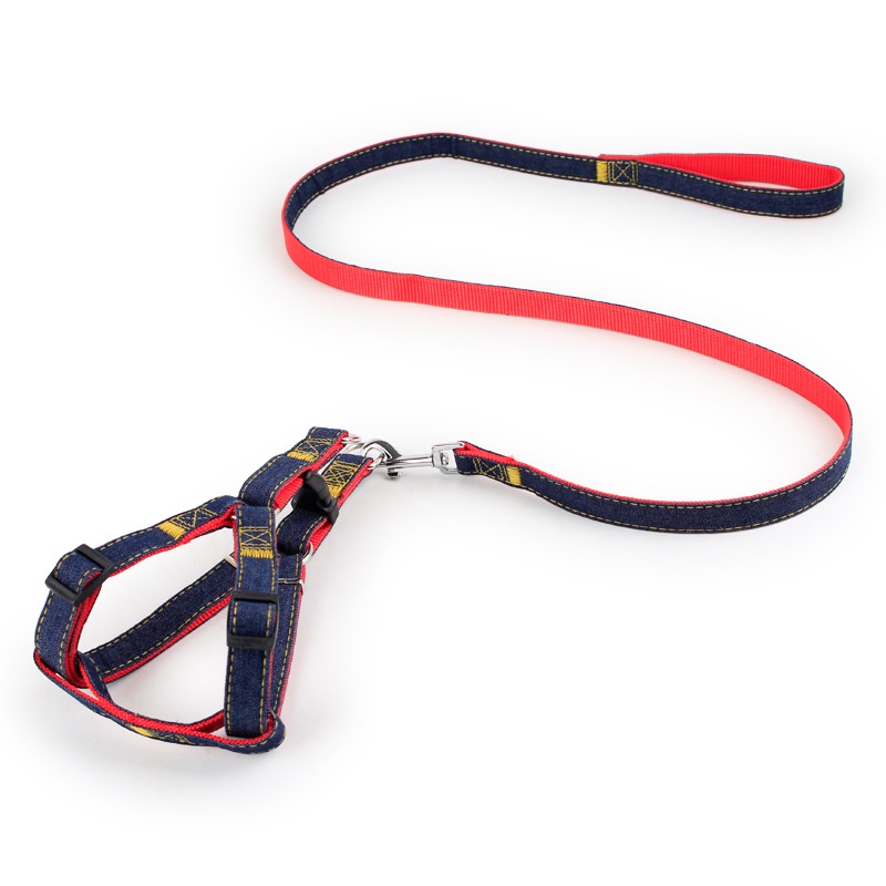 Denim Dog Harnesses Leash Nylon Collar Rope Adjustable Training Pet Lead Leashes Harness Untuk Anjing Kucing Hewan Peliharaan Set Perlengkapan