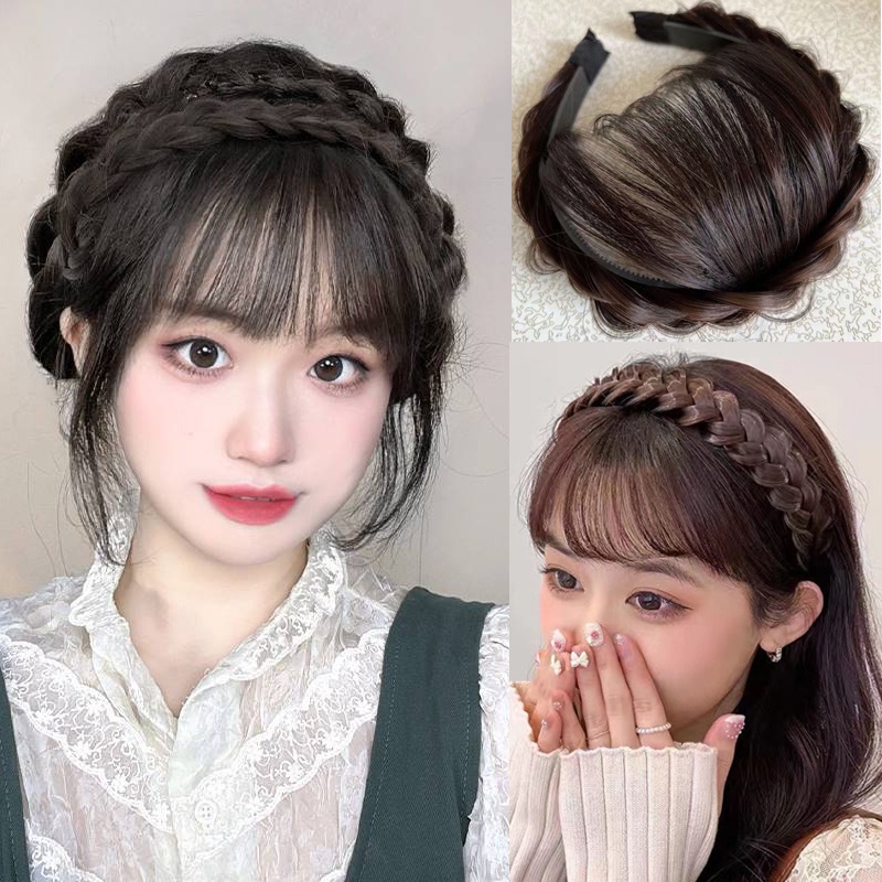 Kepang Wig Bando Dengan Poni Fashion Natural Air Bangs Hair Band Aksesoris Rambut Wanita