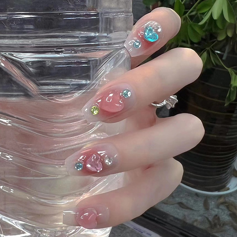 24pcs Kuku Palsu Kuku Buatan Colorful Heart Nail Sticker Press on Nails Kuku Palsu Pendek Z327