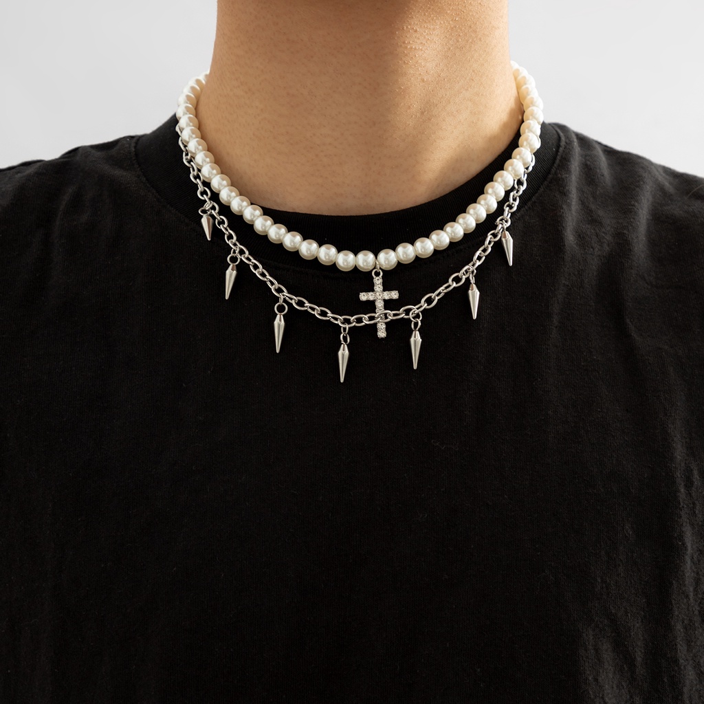 Punk Fashion Mutiara Manik-Manik Rantai Paku/Salib Liontin Kalung Pria Hiphop Berlapis Choker Kalung Set Perhiasan Pesta