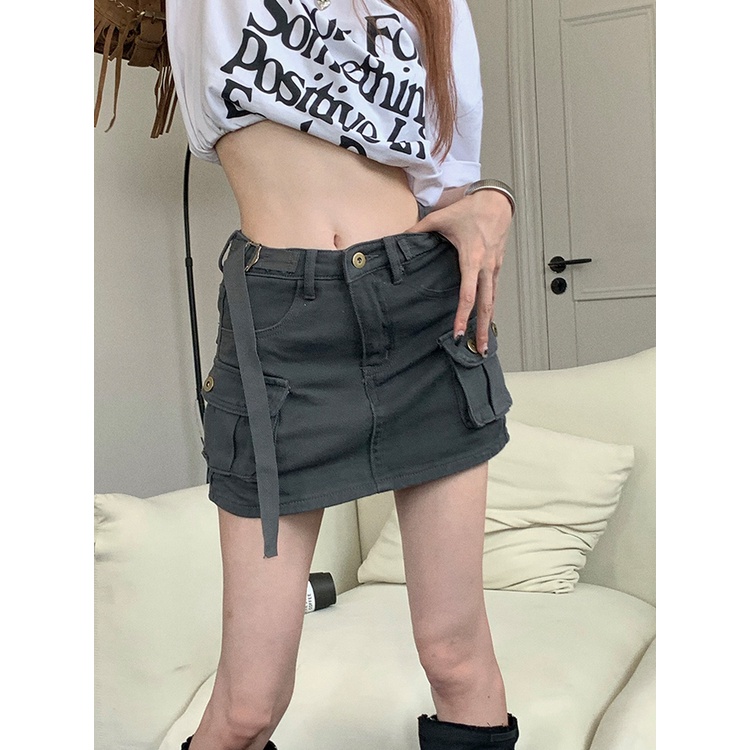 Red Perkakas Rok Denim Wanita Musim Panas Amerika Pinggang Tinggi Slim A-line Rok Mini Spice Girl Tas Hip Rok Rok Kulot