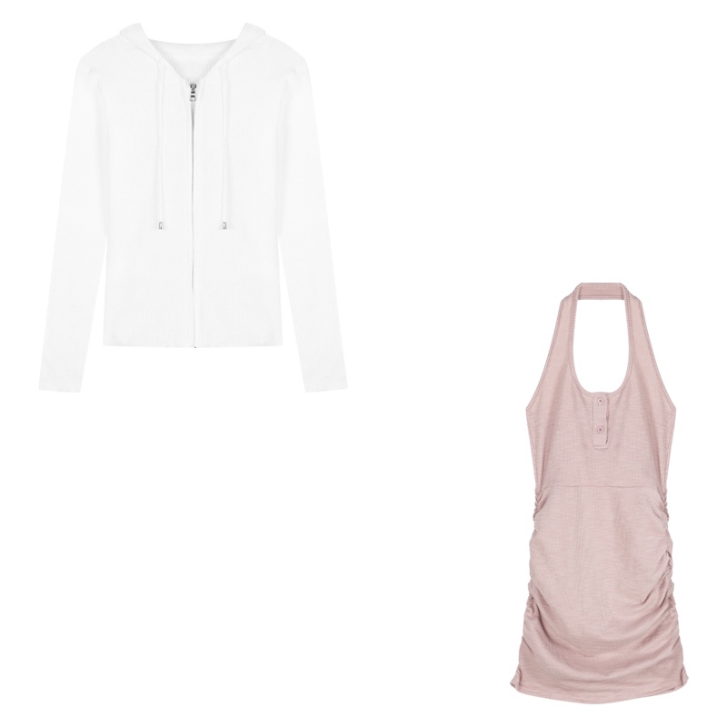 ❉#COD Suhao Desire Murni Merah Muda Tipis Halter Leher Gaun Wanita Musim Panas Manis Gadis Seksi Leher Persegi Pinggang Ketat Tas Hip Rok Pendek