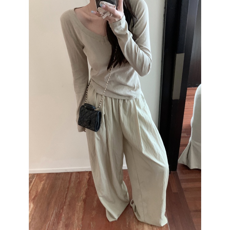 Red Korea V-Leher Bahu Depan T-shirt Wanita Musim Panas Baru Retro Dalam Membangun Slim Pendek Lengan Panjang Tipis Kemeja top