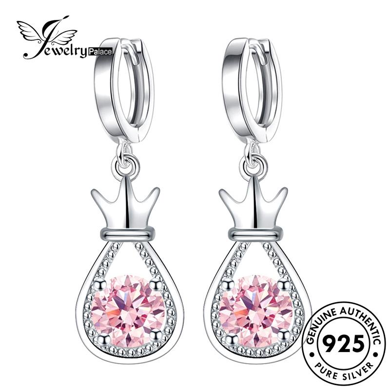 Jewelrypalace Bentuk925 Hoop Pink Drop Berlian Asli Wanita Kristal Anting Simple Perak E417