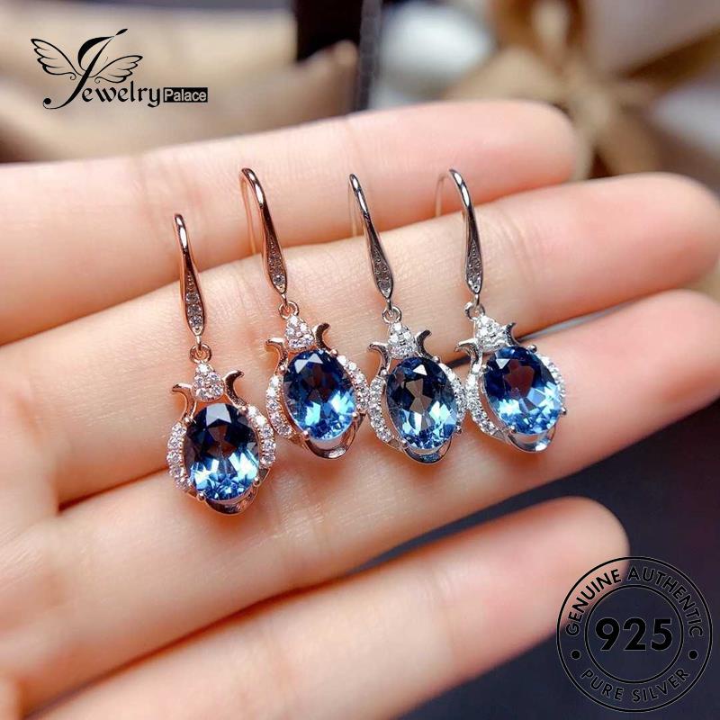 Perhiasanpalace Perak Asli Emas925 Aquamarine Anting Kait Wanita Oval E832