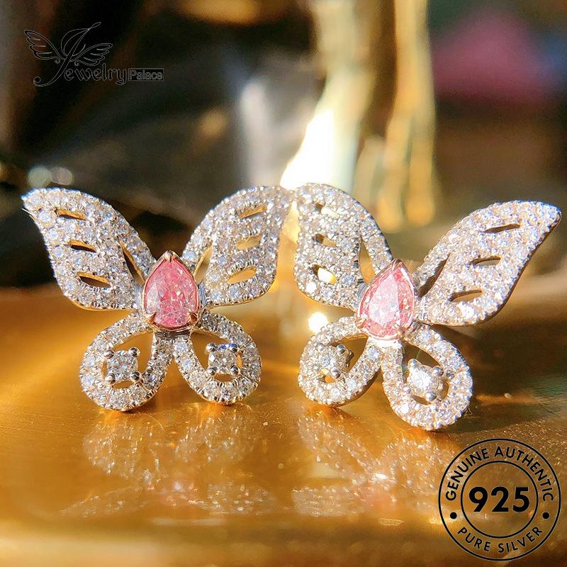 Jewelrypalace Anting Tusuk Kupu Pink Kristal Asli Wanita925 Perak Berlian E887